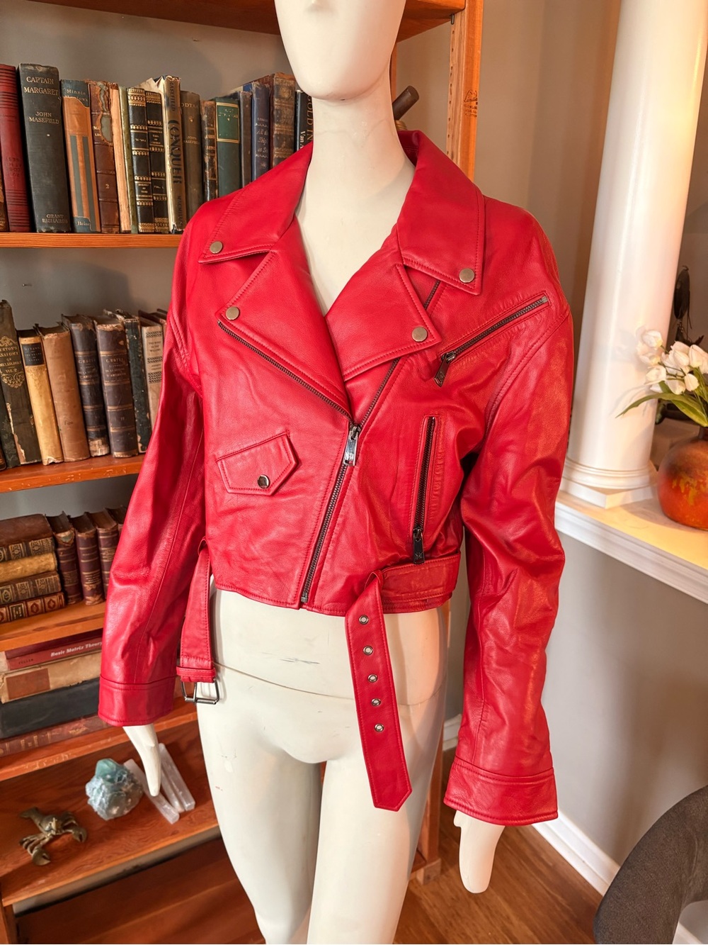 Badgley Mischka Red Cropped Leather Moto Jacket